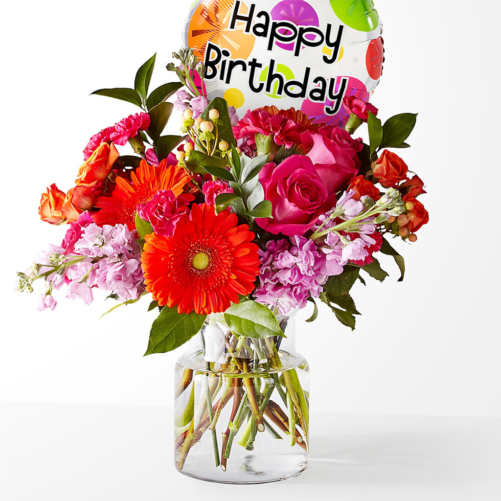 Fiesta Bouquet with Birthday Balloon – ILLUSIONS FLORAL & GIFTS LLC, Marshfield WI