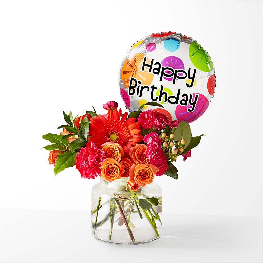 Fiesta Bouquet with Birthday Balloon – ILLUSIONS FLORAL & GIFTS LLC, Marshfield WI
