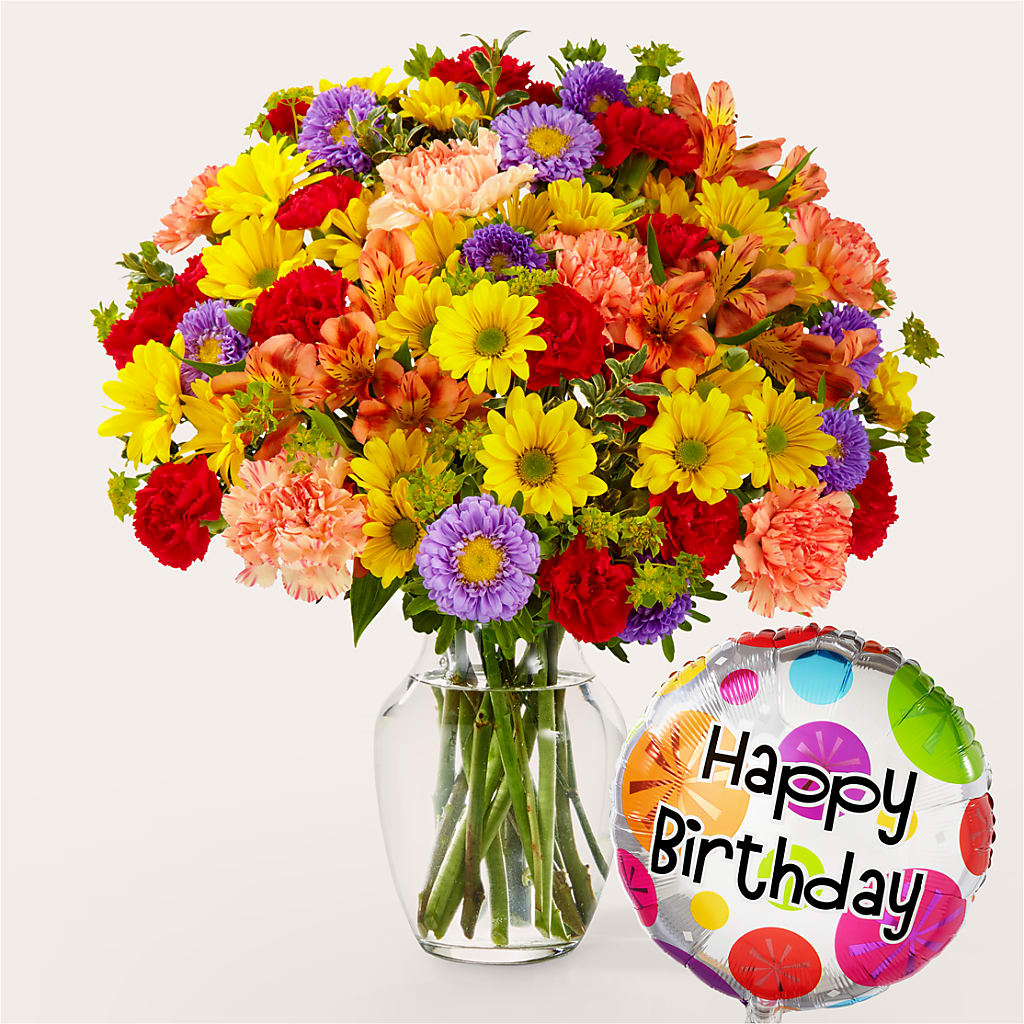 Kaleidoscope Bouquet with Birthday Balloon – ILLUSIONS FLORAL & GIFTS LLC, Marshfield WI