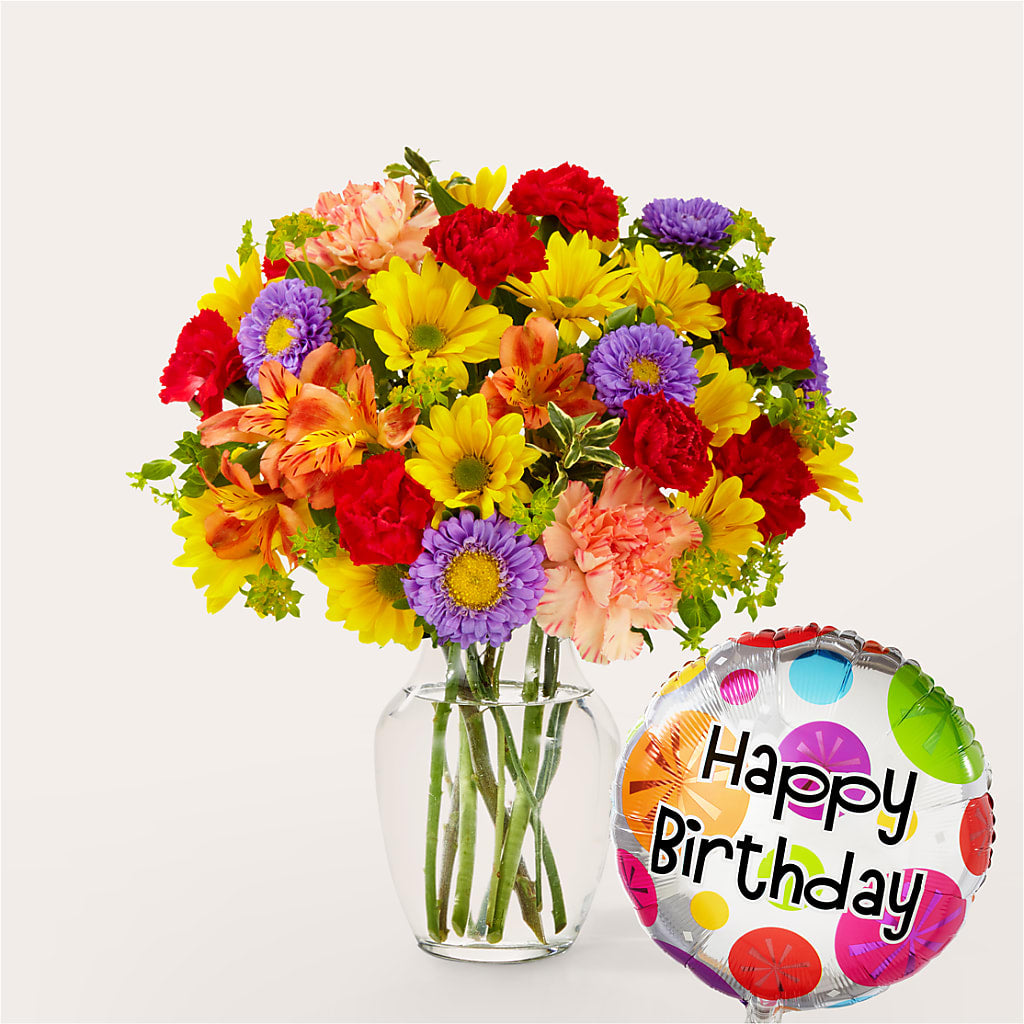 Kaleidoscope Bouquet with Birthday Balloon – ILLUSIONS FLORAL & GIFTS LLC, Marshfield WI