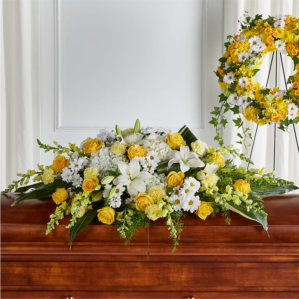 Golden Harmony Casket Spray – ILLUSIONS FLORAL & GIFTS LLC, Marshfield WI