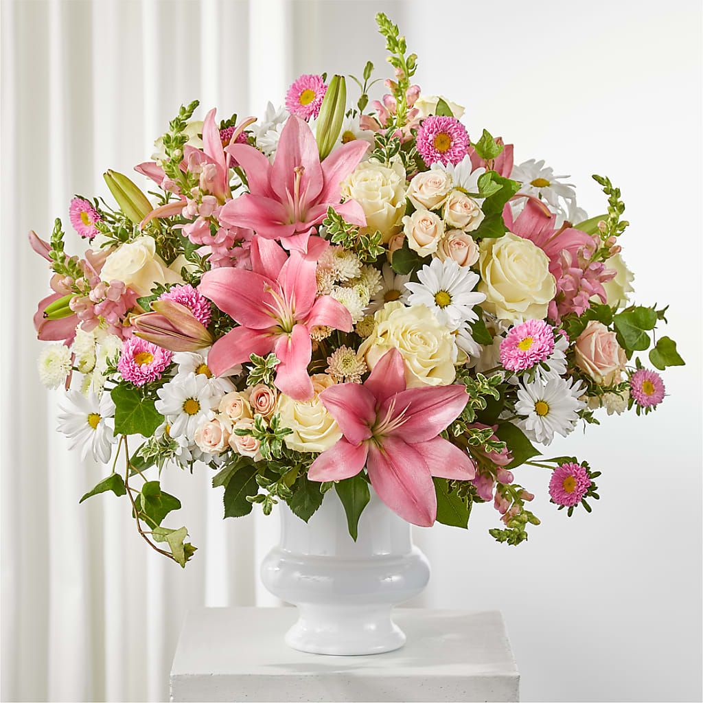 Empathetic Blooms Urn Arrangement – ILLUSIONS FLORAL & GIFTS LLC, Marshfield WI