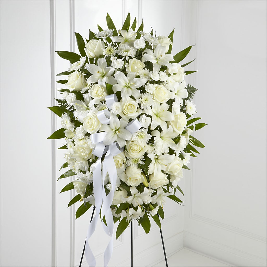 Exquisite Tribute Standing Spray-White Ribbon – ILLUSIONS FLORAL & GIFTS LLC, Marshfield WI