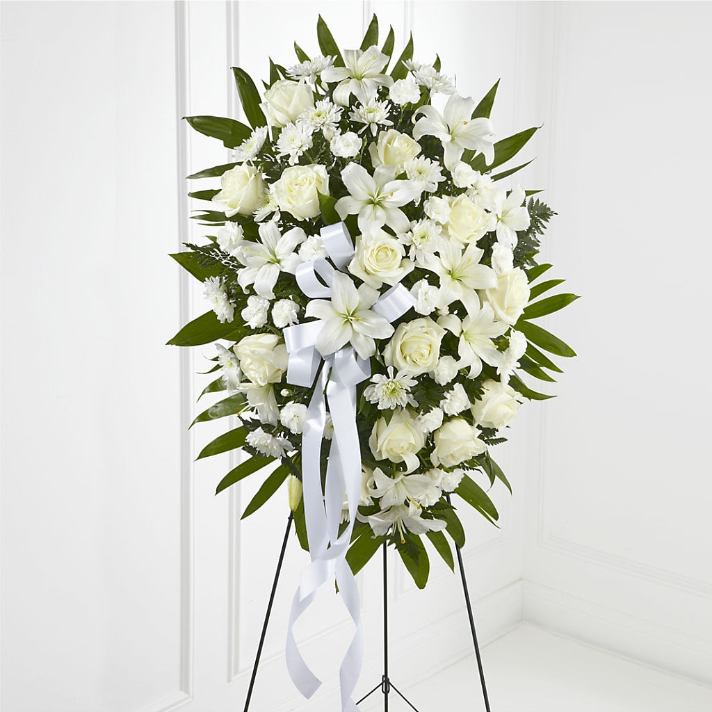 Exquisite Tribute Standing Spray-White Ribbon – ILLUSIONS FLORAL & GIFTS LLC, Marshfield WI