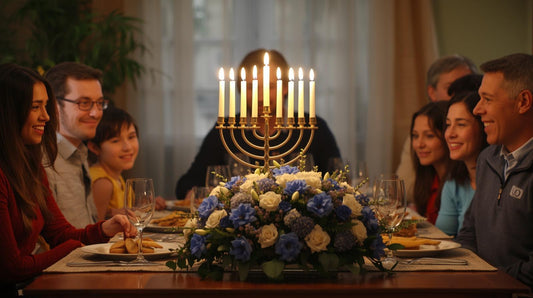 Blue and white floral centerpiece designed for Hanukkah celebrations with festive seasonal accents