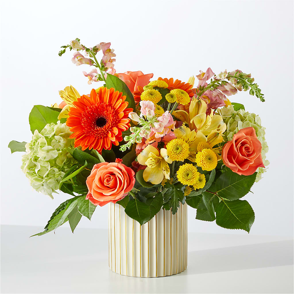 Autumn Sunshine Bouquet with Ivory Vase – ILLUSIONS FLORAL & GIFTS LLC, Marshfield WI